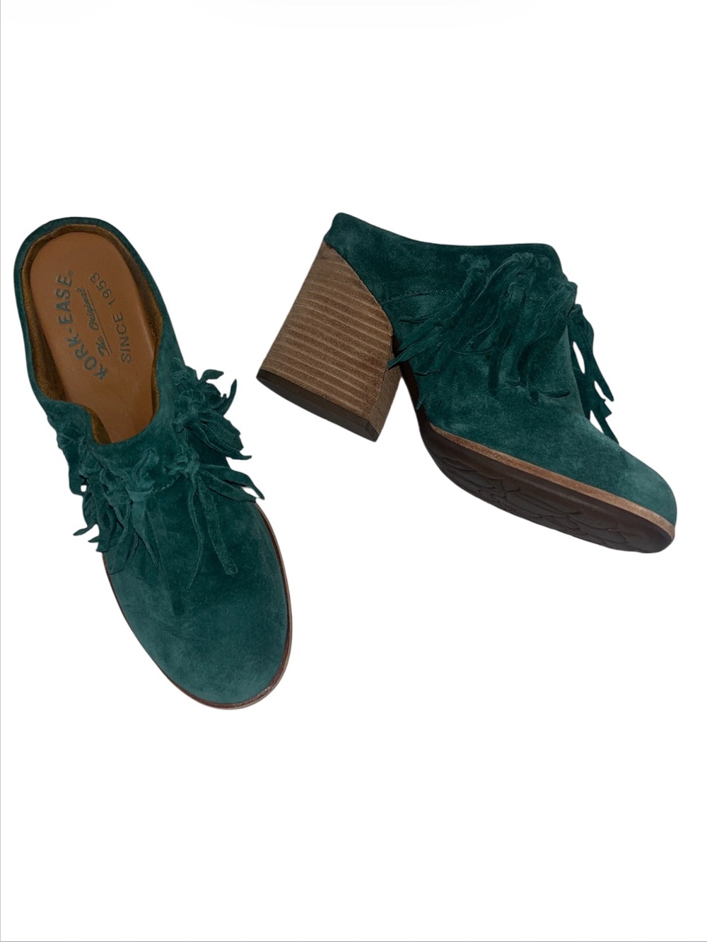Kork-Ease Women’s Emerald Green Suede Fringe Block Heel Mule Clogs Sz 6.5